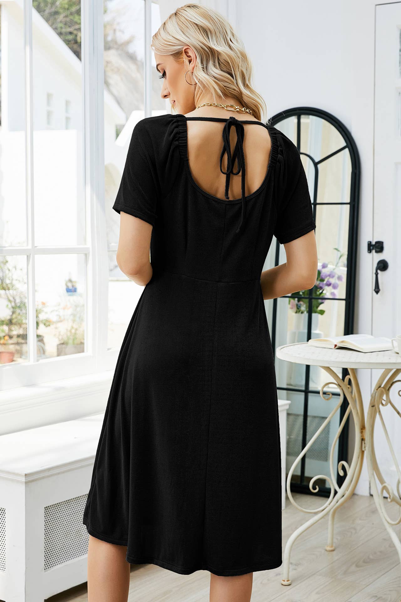 Square Neck Pleated Short Sleeve Midsize Dress