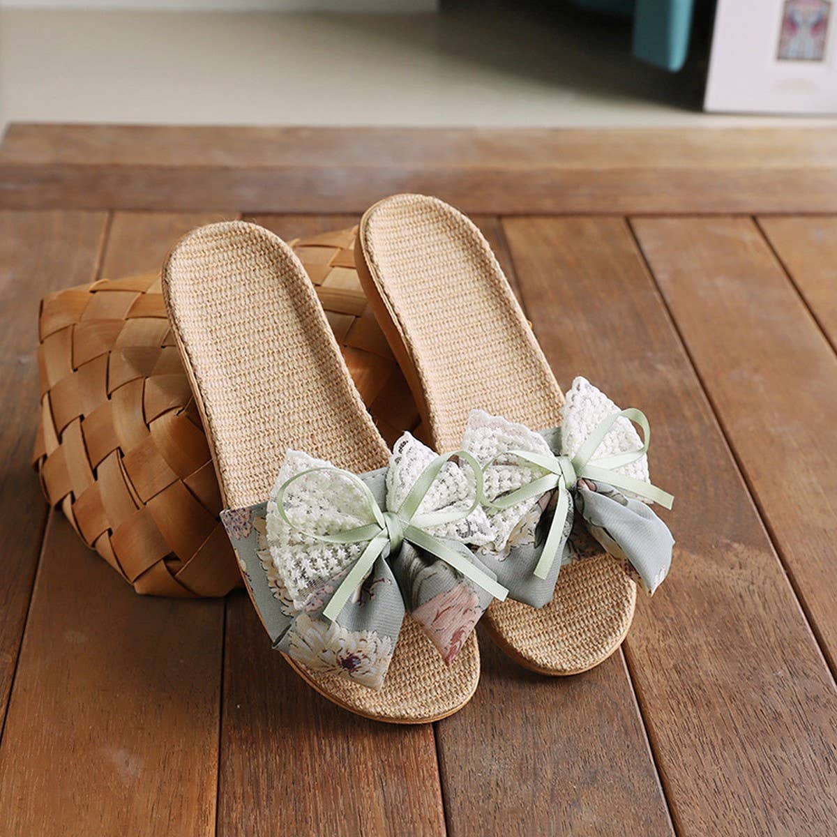 CUTE BOW LINEN SLIPPERS FOR HOME OFFICE_CWSHF0193