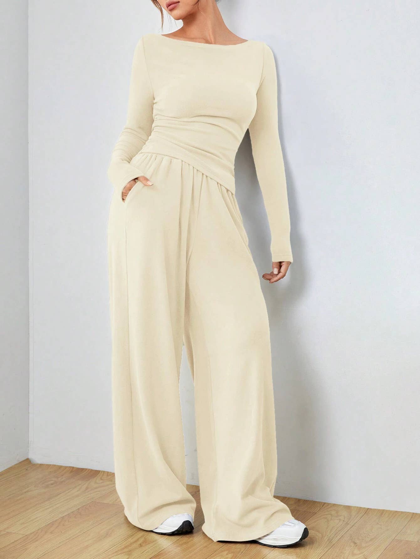 Solid-Color Long-Sleeved Wide-Leg Long Pants Set