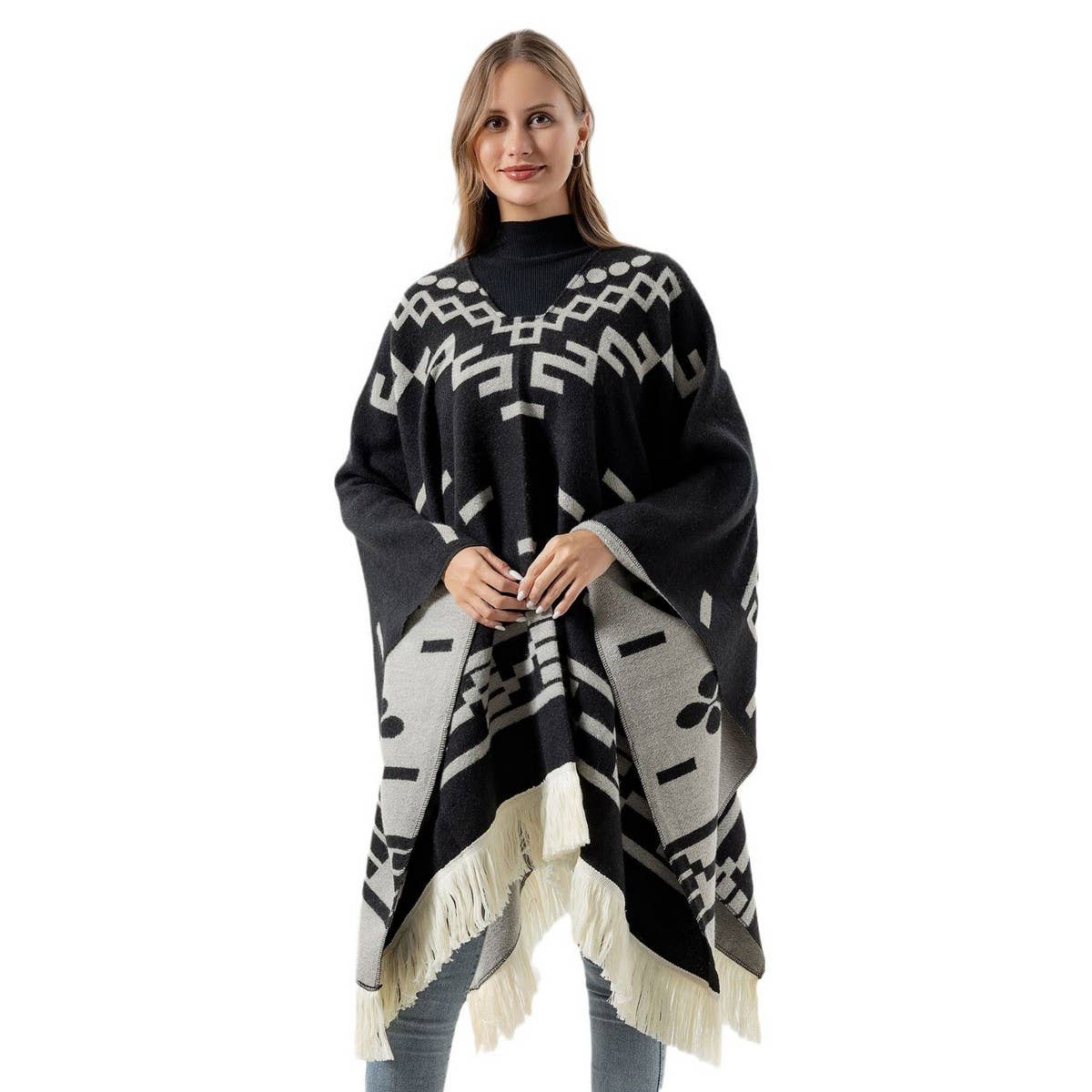 FRINGED PULLOVER CAPE CLOAK WARM KNITTED SHAWL_CWASC2265
