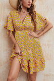 V-Neck Waist Floral Print Short Dress