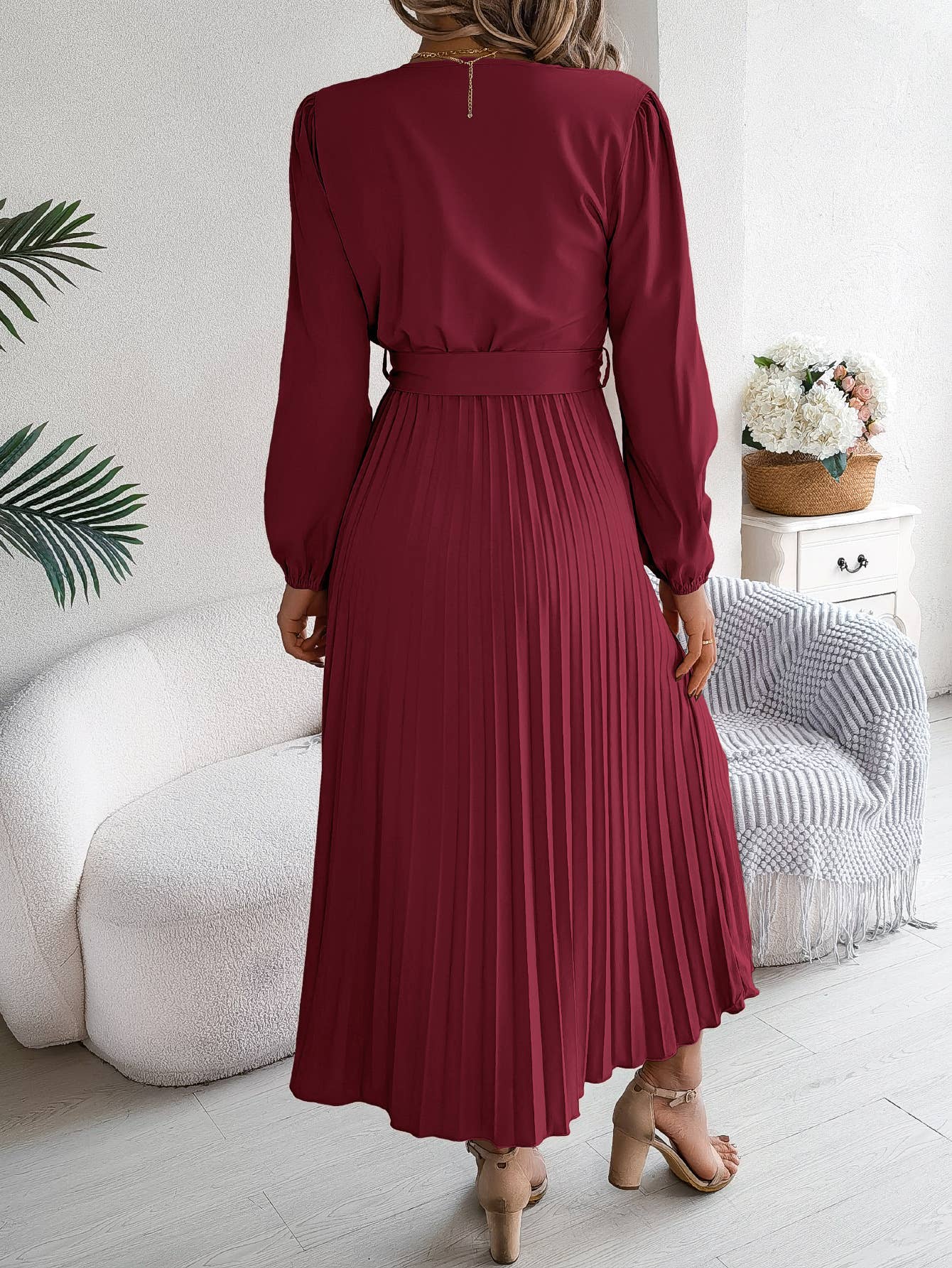 V-Neck Button-Up Long Pleated Dress