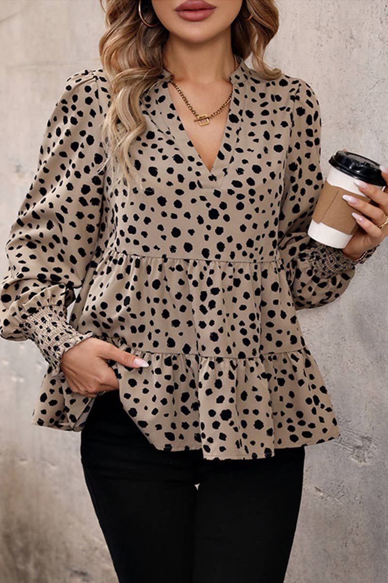 Women V Neck Leopard Printed Ruffled Shirt_Cwtstl0588