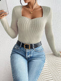 Square Collar Solid Color Pit Strip Slim Knit Top