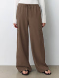 Stretched-Waist Drawstring Straight-Leg Trousers