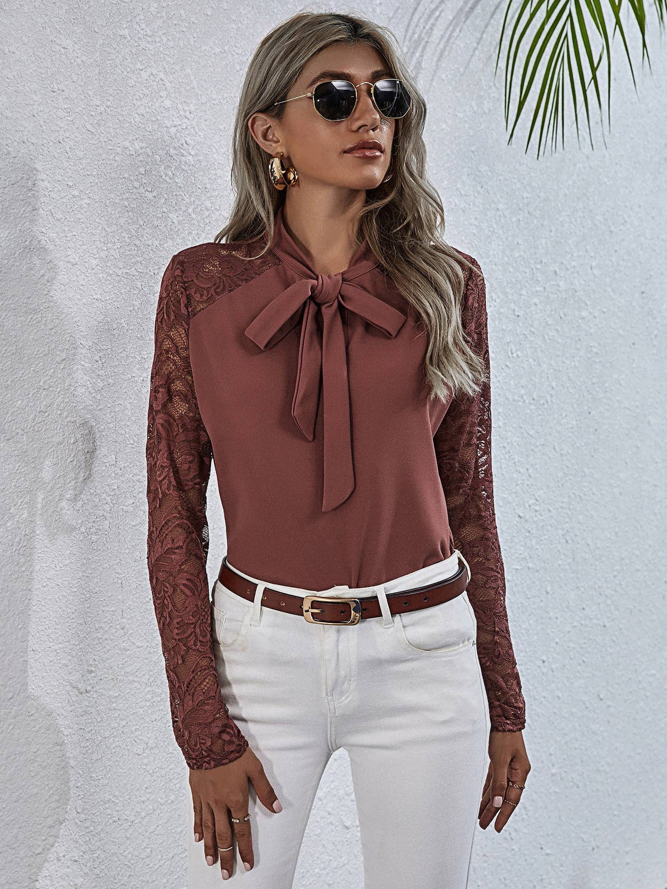 Solid-Color Lace Patchwork Long-Sleeved Shirt