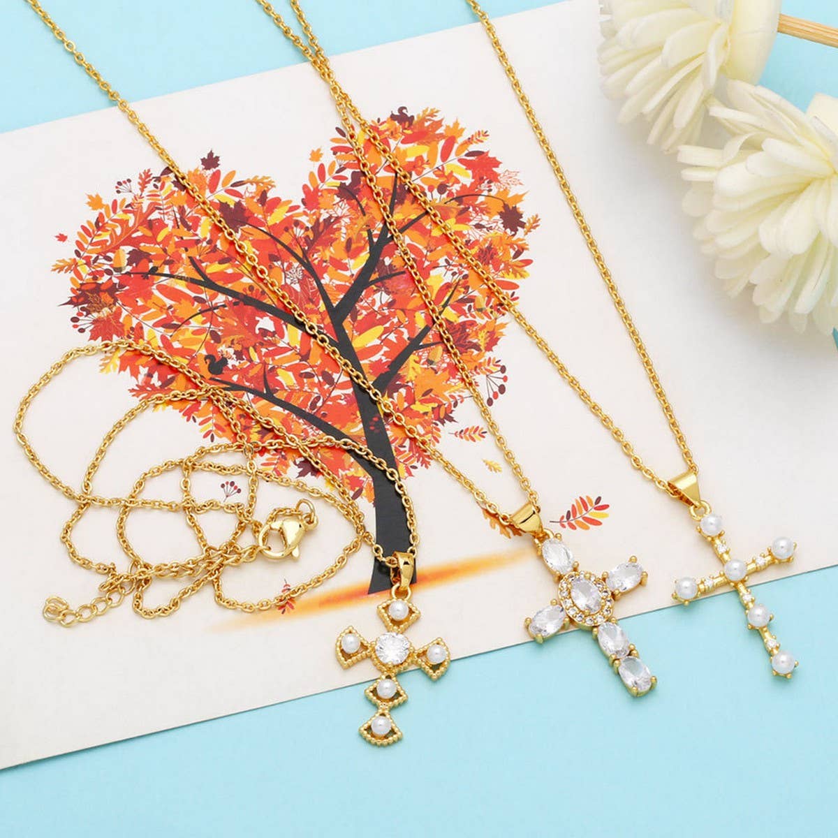 DIAMOND STUDDED PEARL CROSS PENDANT NECKLACE_CWAJE0899