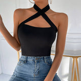 Solid Cross Neck Halter Top Sexy Slim Fit