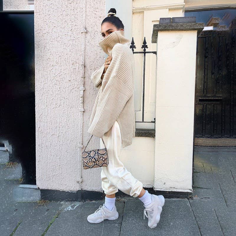 Solid-Color High-Neck Loose Knitted Sweater