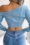 Women Eyelet One Off Shoulder Sexy Crop Knit Top_Cwoswl0445