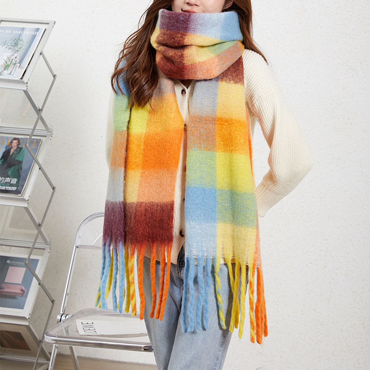 FAUX CASHMERE PLAID SCARF THICK FRINGED WRAP_CWASC2698