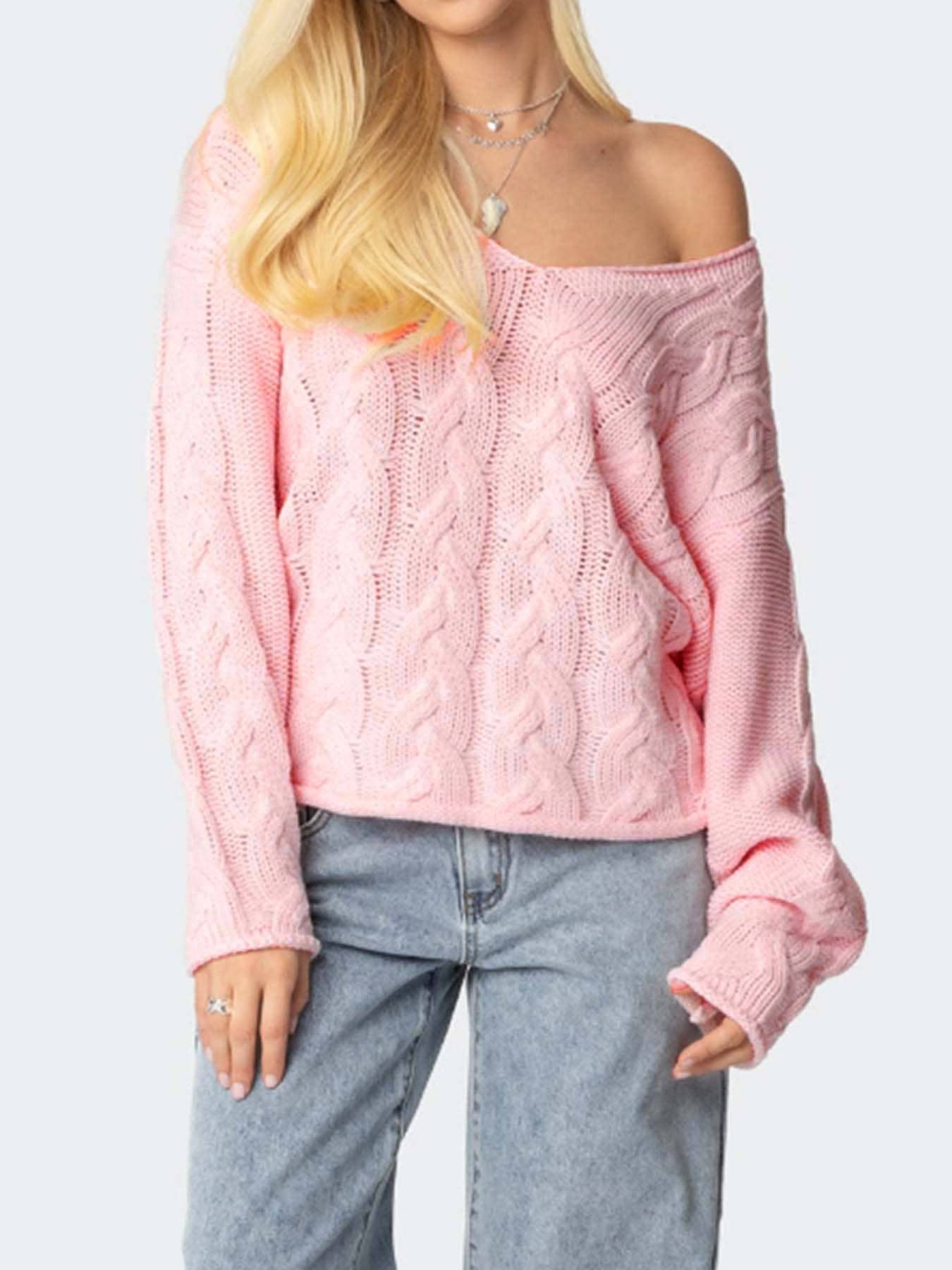 Solid-Color Laid-Back V-Neck Twisted Knit Sweater