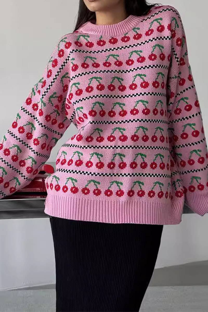 Vintage Cherry Jacquard Knit Crew Neck Pullover