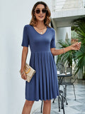 Solid Color V-Neck Basic Pleated Casual Dress