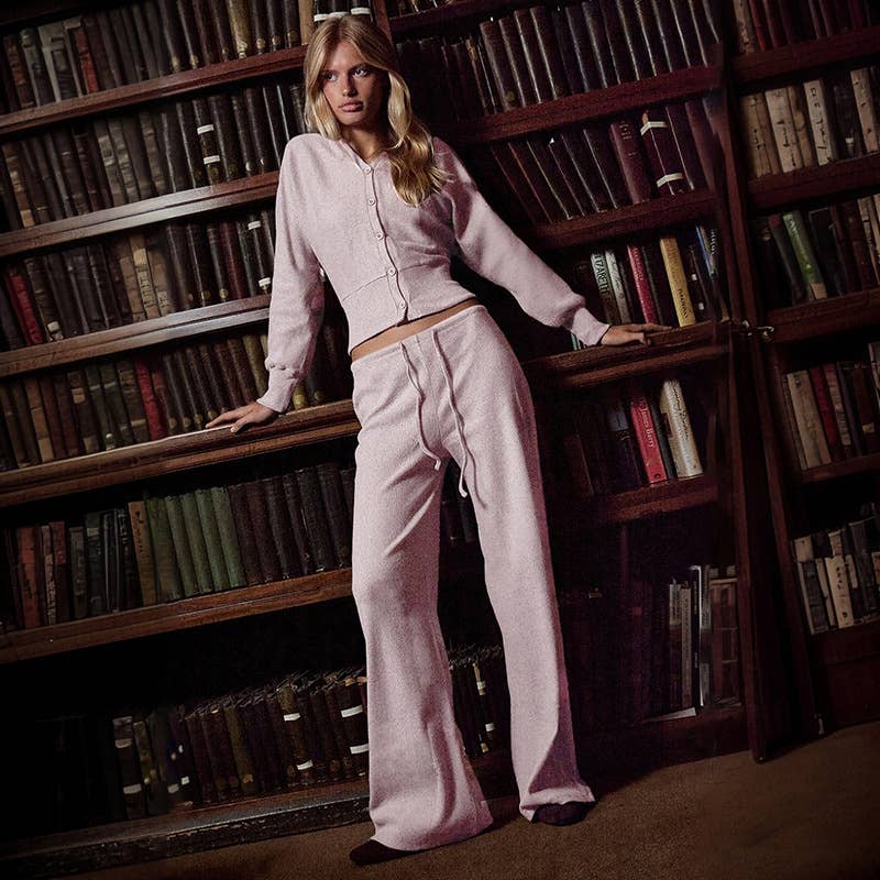 V-Neck Fitted Cardigan Lace-Up Wide-Leg Pant Set