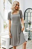 Square Neck Pleated Short Sleeve Midsize Dress