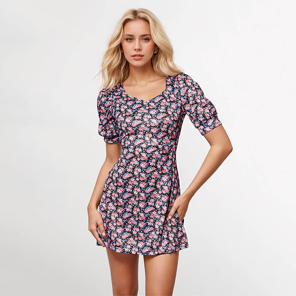 V-Neck Short-Sleeved Belt Print Short Dress