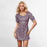 V-Neck Short-Sleeved Belt Print Short Dress