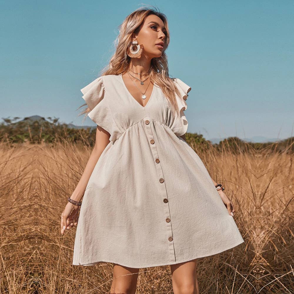 V-Neck Button-Up Flared Boho Dress