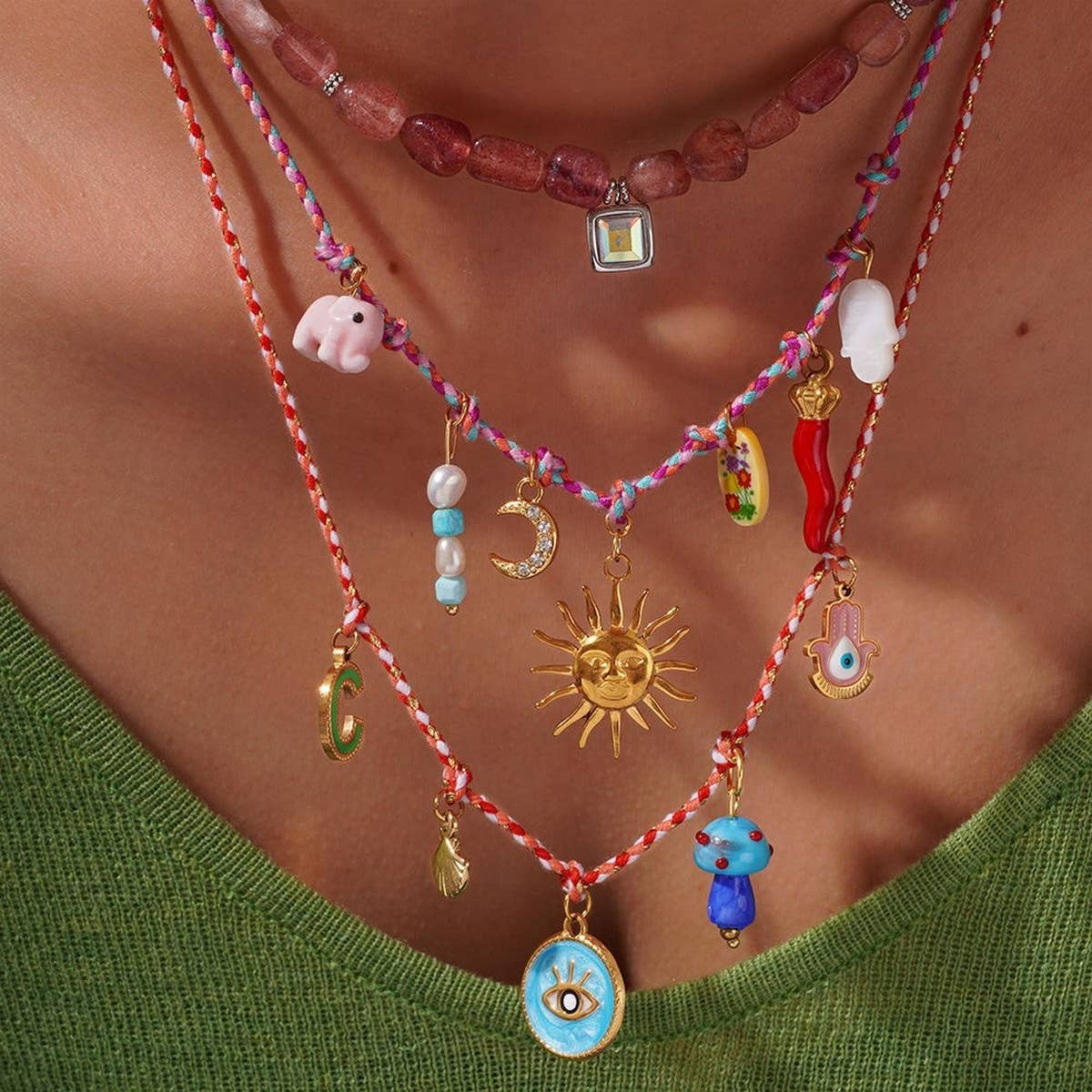 FABRIC SUN MOON NECKLACE WITH PINK CRYSTAL CHARM_CWMM7539