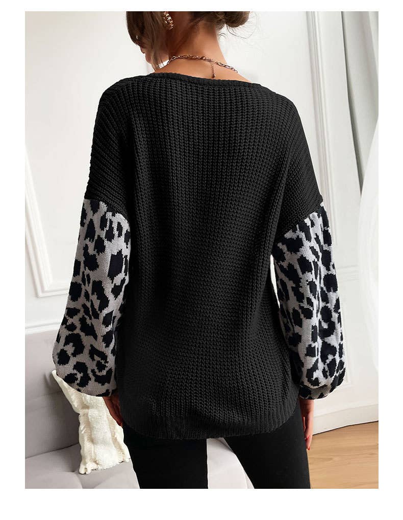 V-Neck Knit Leopard Print Patchwork Sweater