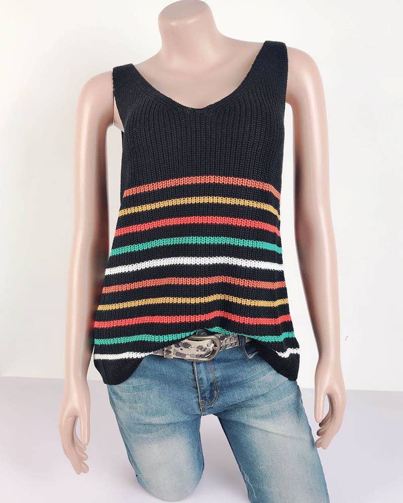 U-Neck Colored Striped Knitted I-Shaped Vest