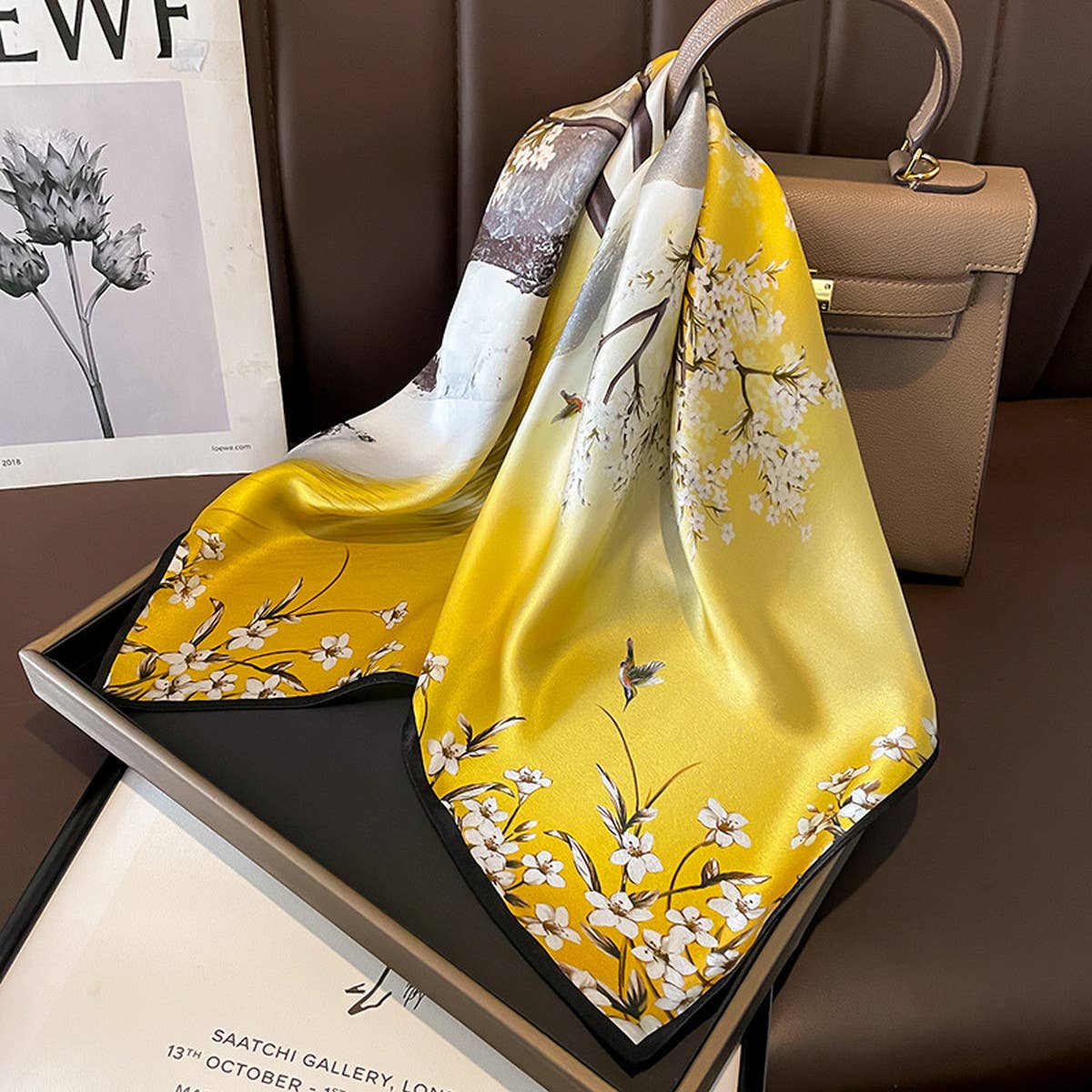 CAMELLIA SILK SCARF FRENCH RETRO SQUARE WRAP_CWASC0618