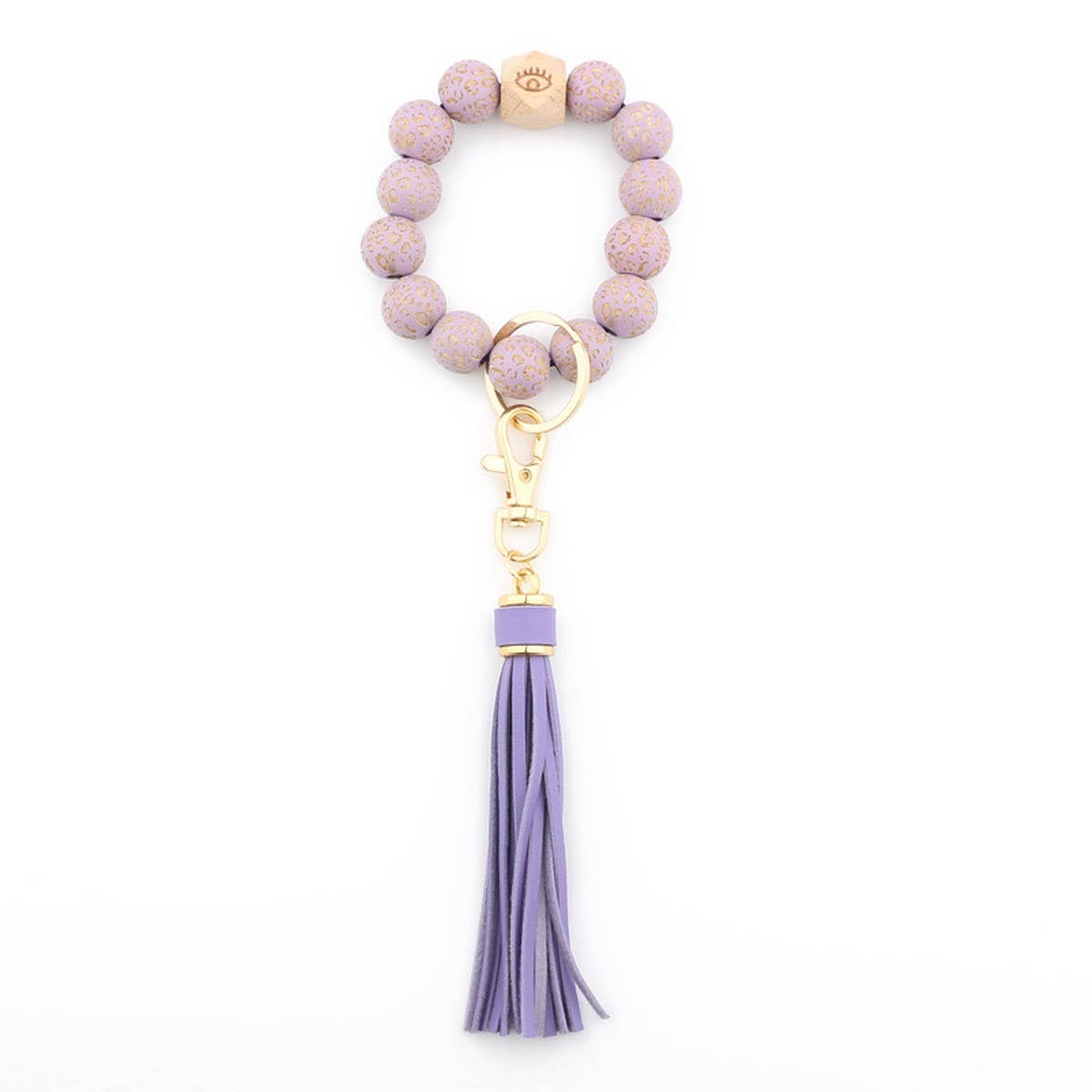 LEOPARD WOOD BEAD BRACELET KEYCHAIN WITH TASSEL_CWMM7016