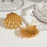 18K GOLD OCEAN STYLE SHELL RIBBED EARRINGS_CWASC1665