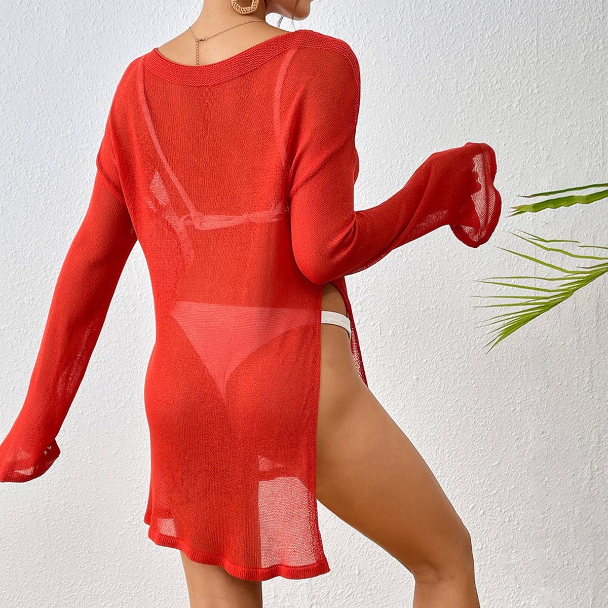 BOAT NECK LONG SLEEVE BEACH SWIMSUIT COVER UP_CWMW0640