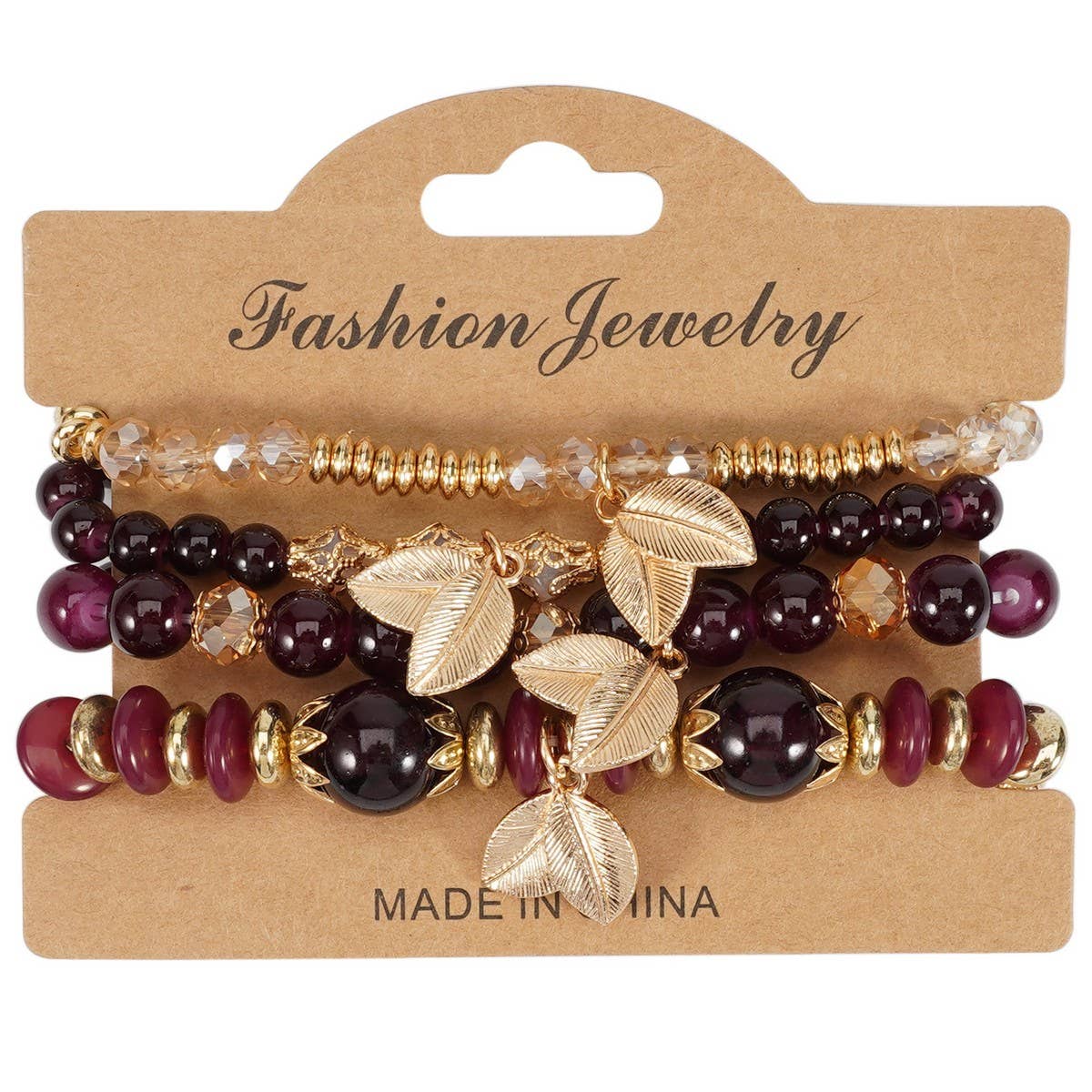 Cwmm10456_Boho Leaf Charm Multi Layer Beaded Bracelet