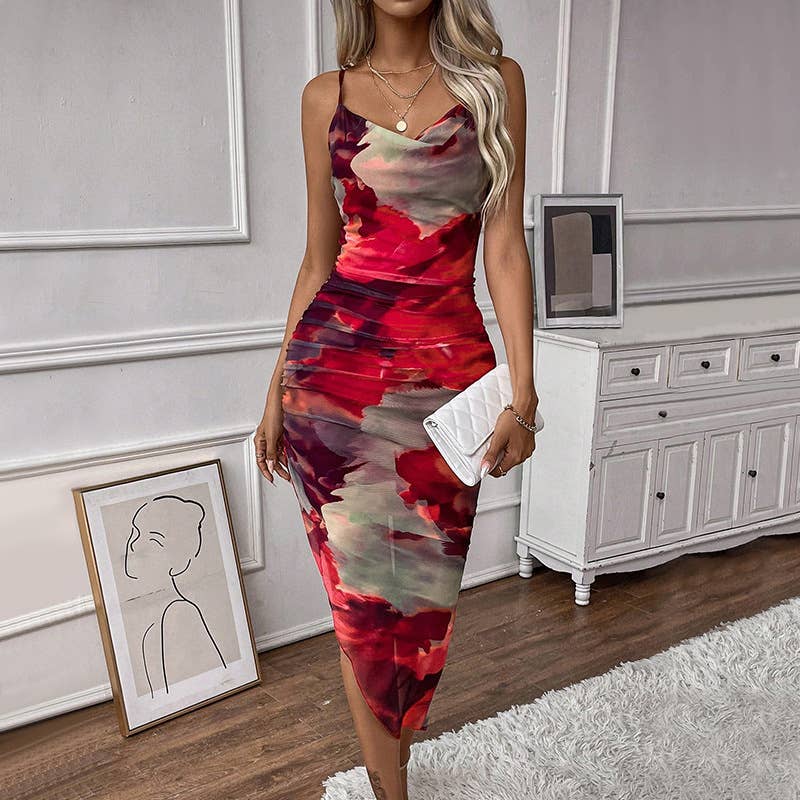 Tie-Dye Drawstring Bodycon Mesh Midi Dress