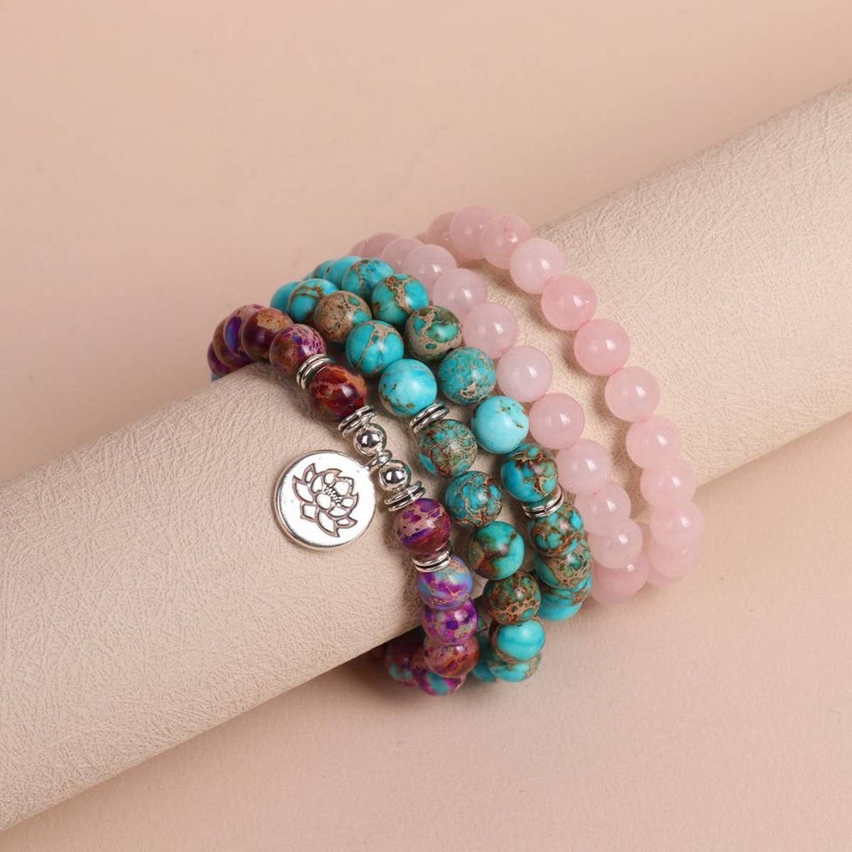 PURPLE EMPEROR PINE ROSE QUARTZ BEADED BRACELETS_CWAJE3938