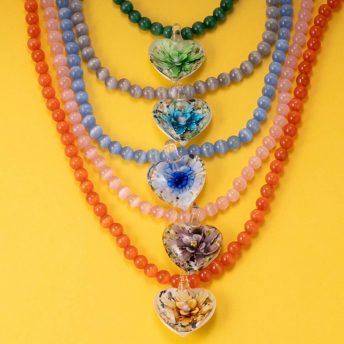 CAT S EYE GLASS HEART FLOWER PENDANT NECKLACE_CWMM7536