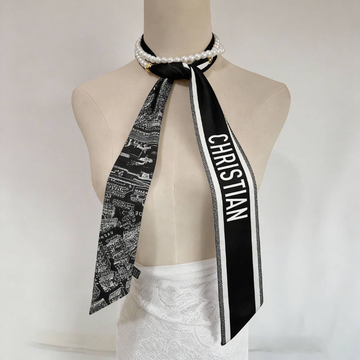 Black White Pearl Silk Scarf Belt_Cwasc04002