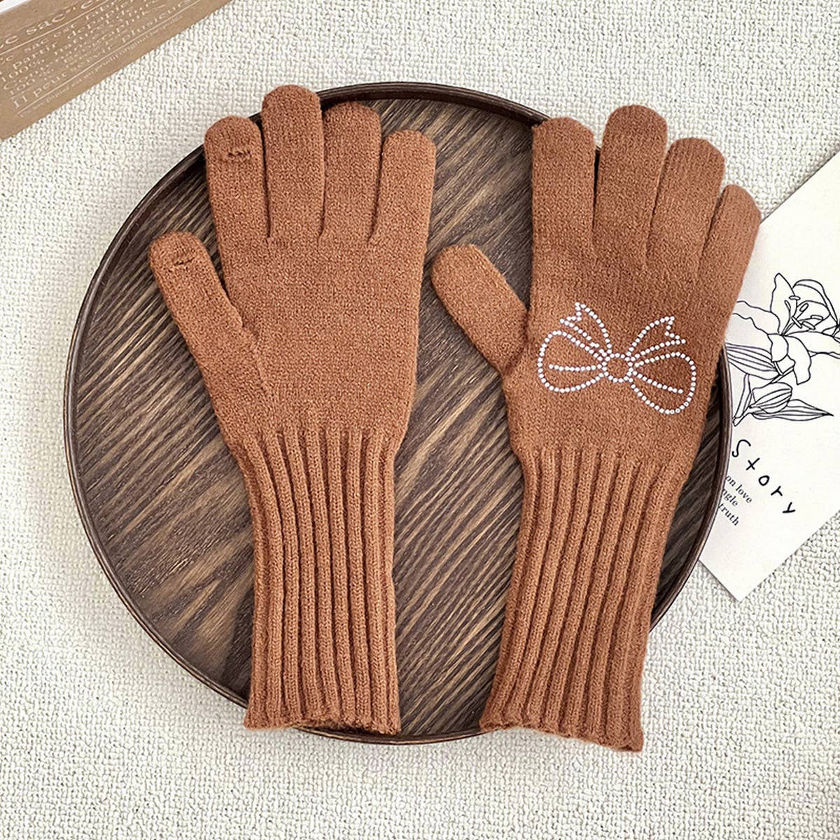 RHINESTONE BOW TOUCH SCREEN FIVE FINGER GLOVES_CWAG0141