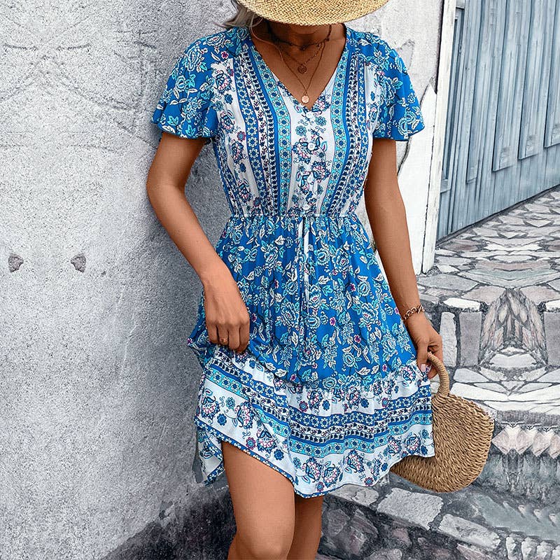 V-Neck National Style Floral Dress