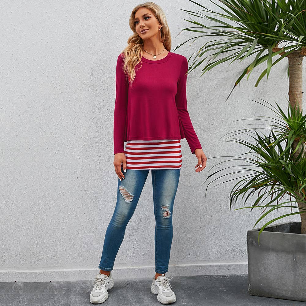 Two Fake Crew-Neck Stretch Striped T-Shirt