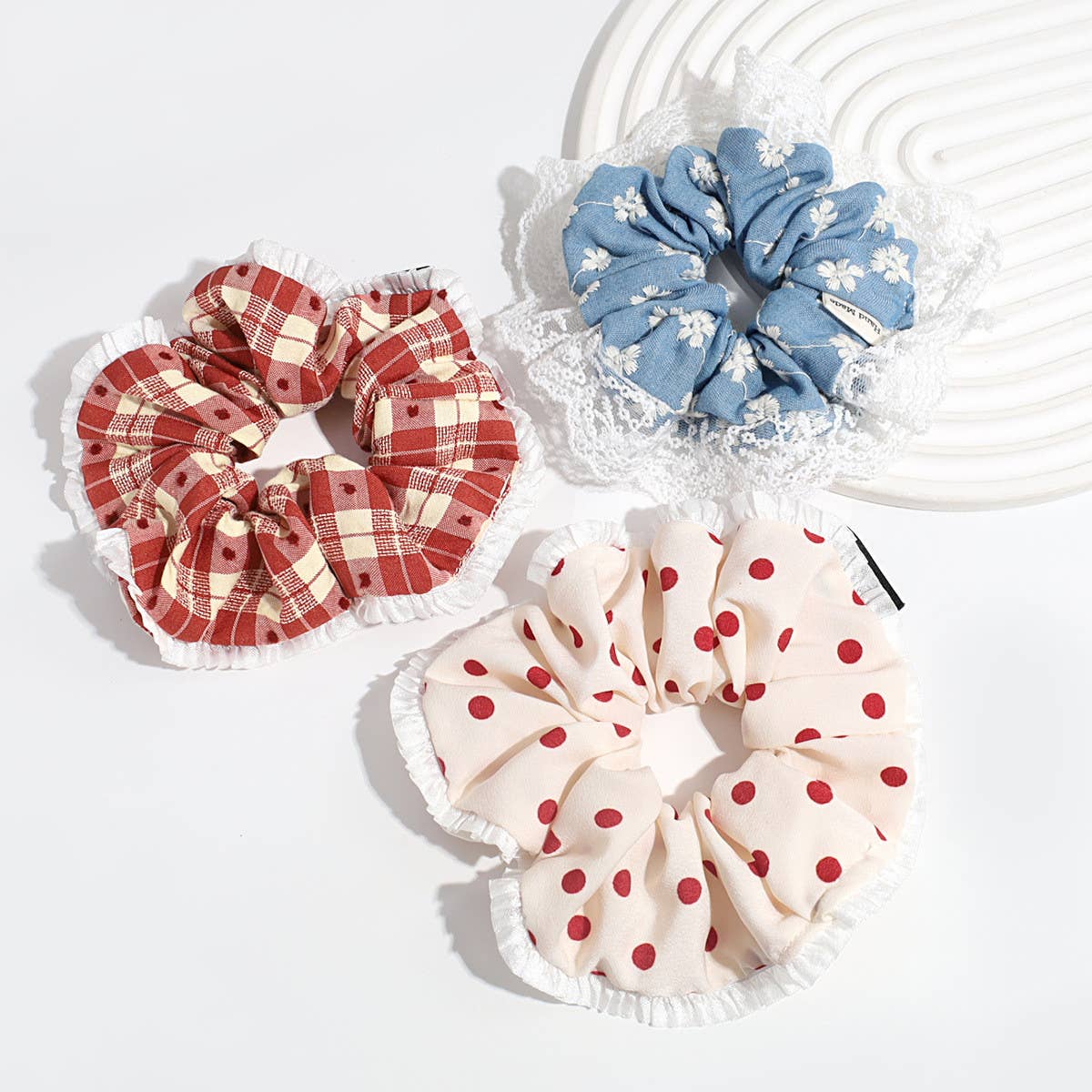 PLAID POLKA DOT FLOWER LACE HAIR TIE_CWAHA2260