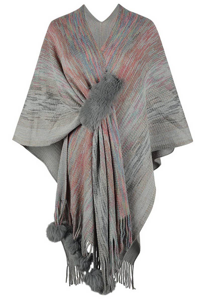 Cwocas0051_Contrast Color Pompom Tassel Knitted Shawl