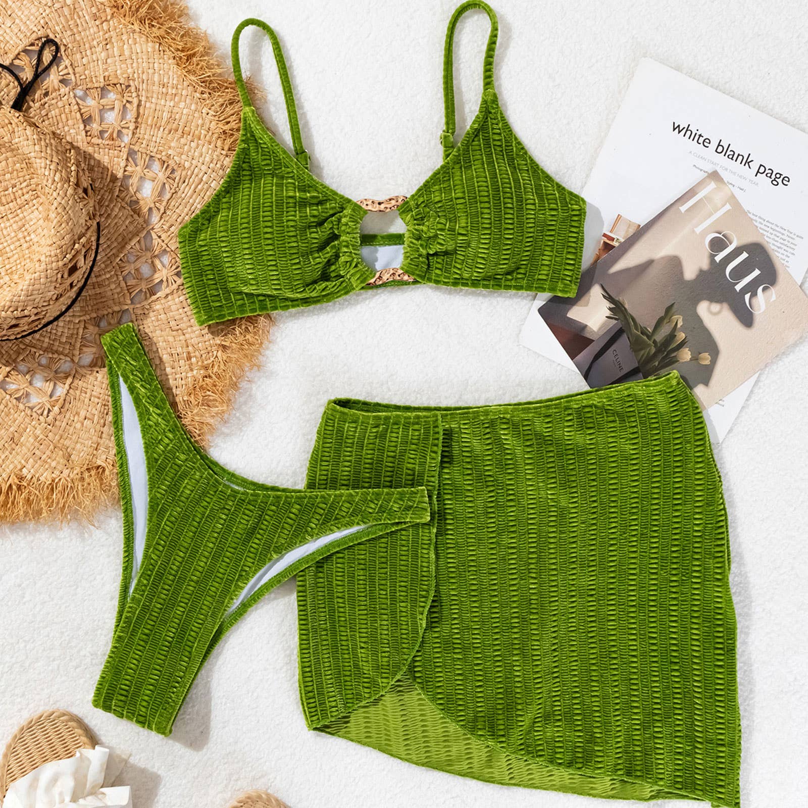 METAL RING BIKINI SET GREEN 3 PIECE SWIMSUIT_CWMW0720