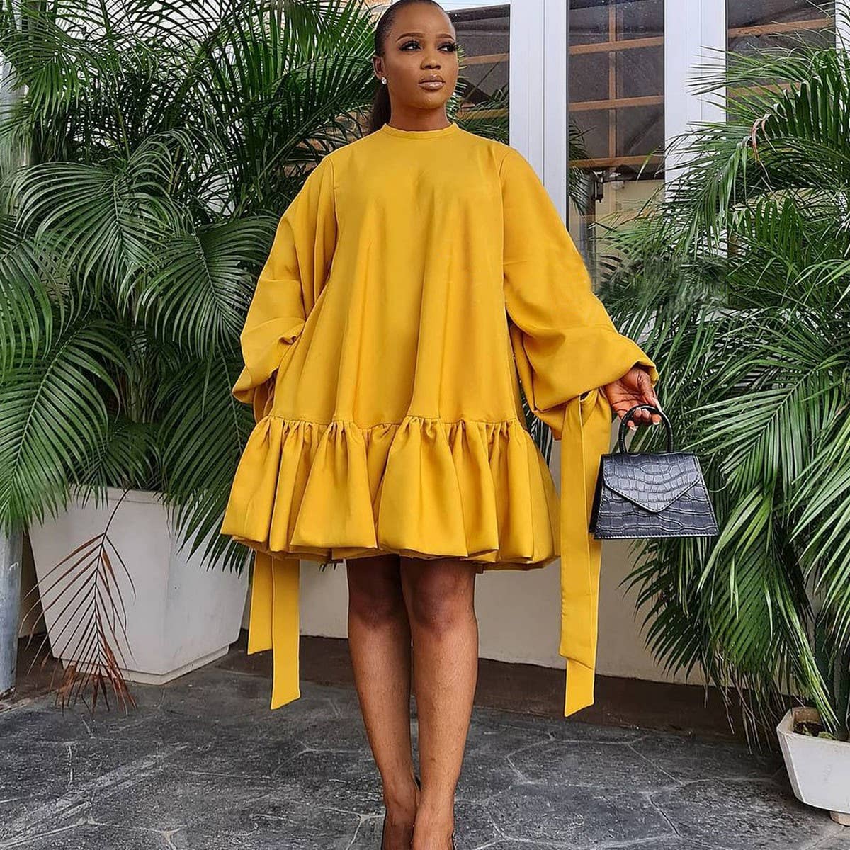 LOOSE SOLID COLOR PUFF SLEEVES PLUS SIZE DRESS_CWDSD6085