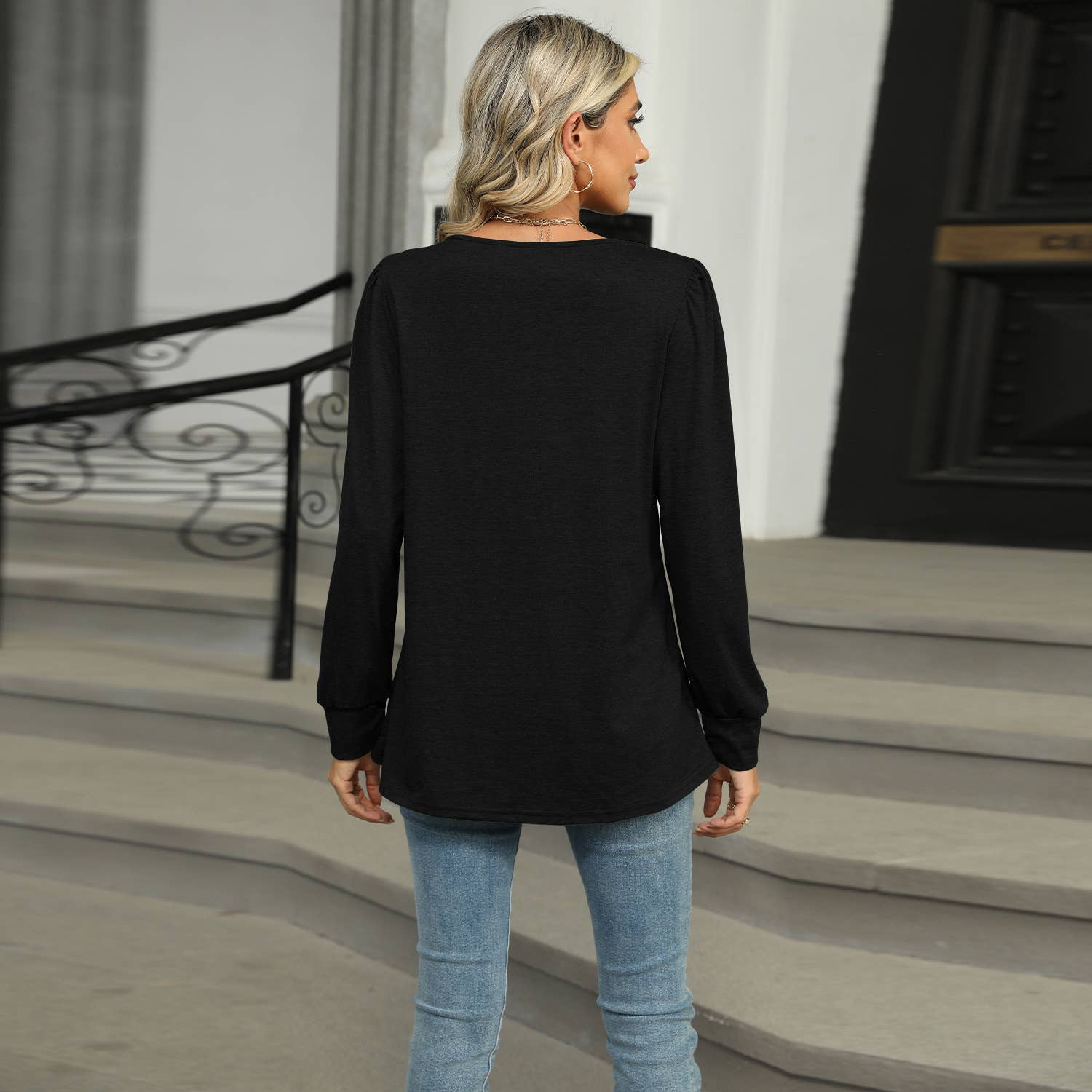 Solid Color U-Neck Pleated Long Sleeve T-Shirt