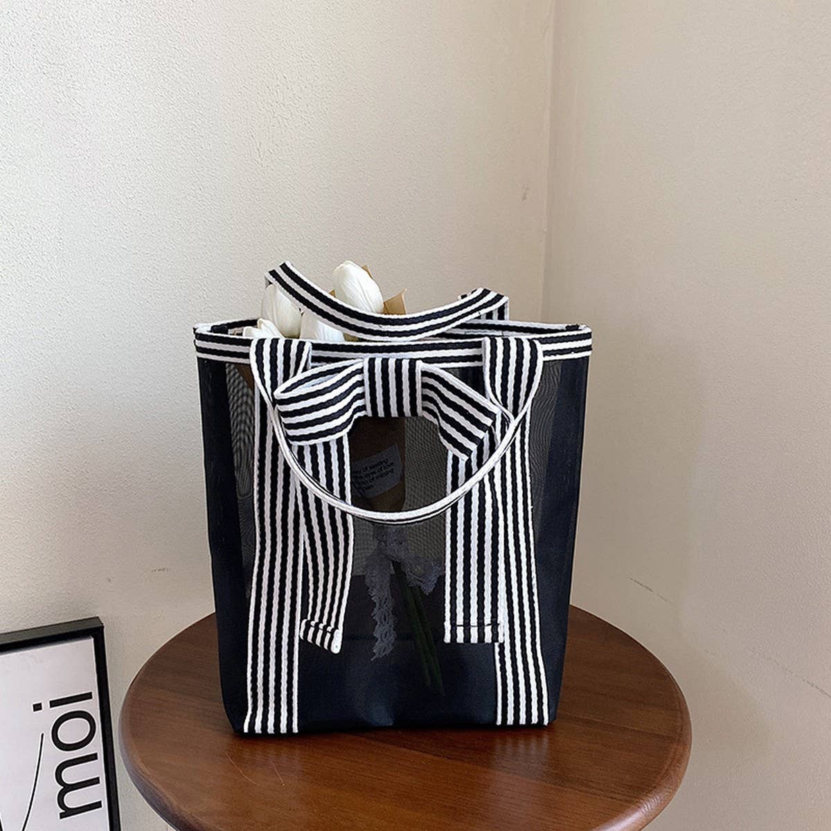 NEW BLACK AND WHITE MESH BOW COSMETIC BAG_CWAB4500