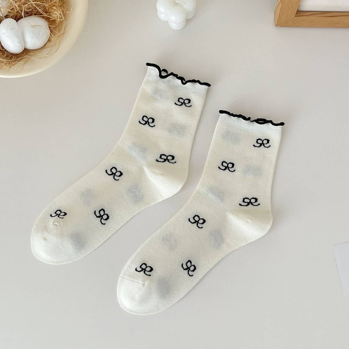 Cute Dots, Stripes,Bow Ruffle White Crew Socks_Cwms1367