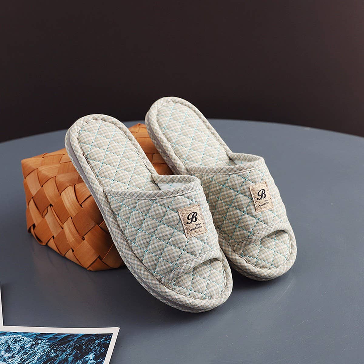 PLAID COTTON FLOOR SLIPPERS WITH THICK SOLE_CWSHF0190