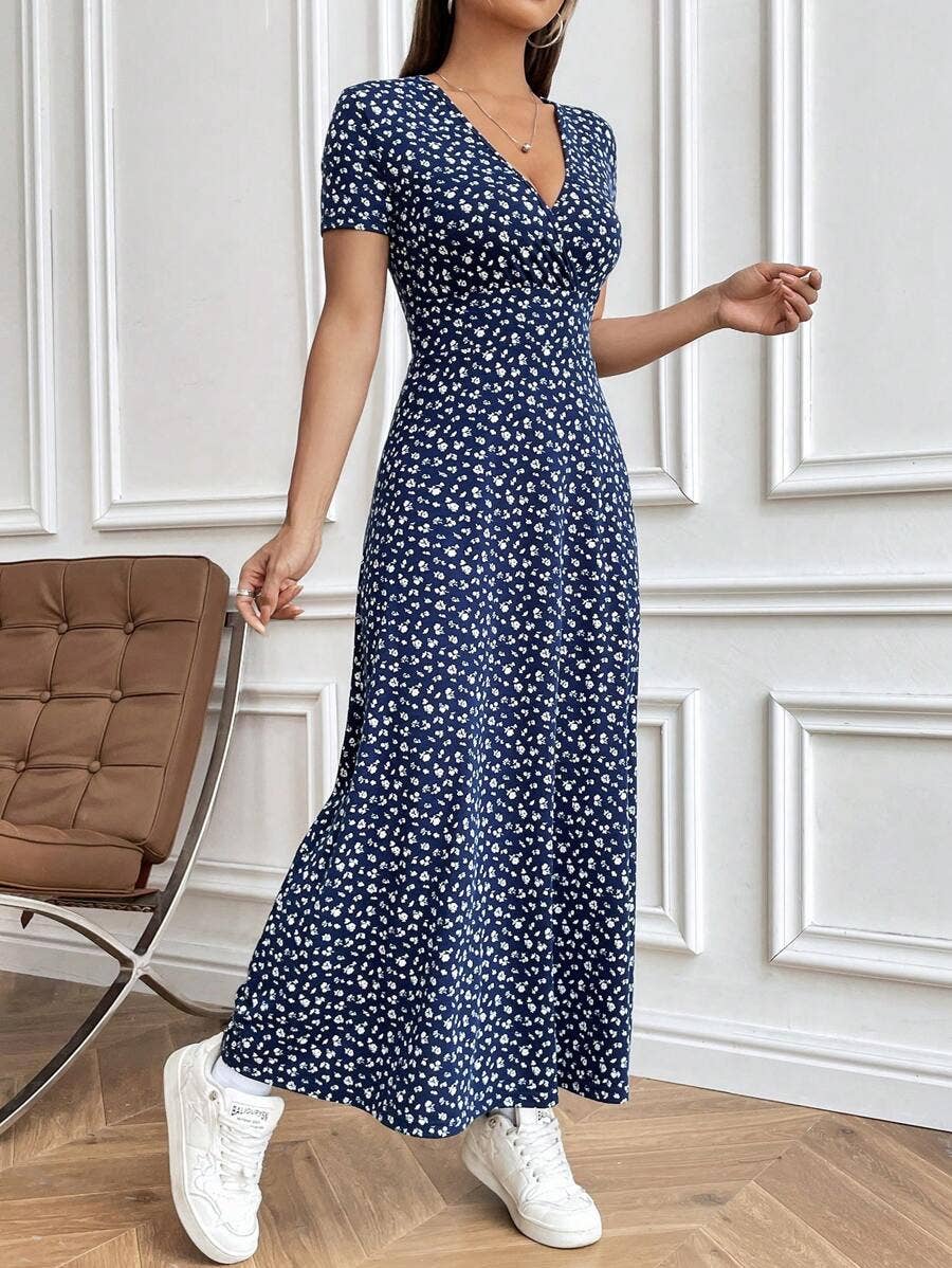 V-Neck Elegant Cinched Waist Casual Floral Dress