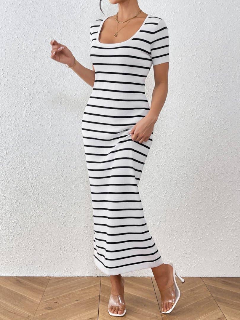 Striped Patchwork Short-Sleeved U-Neck Dress