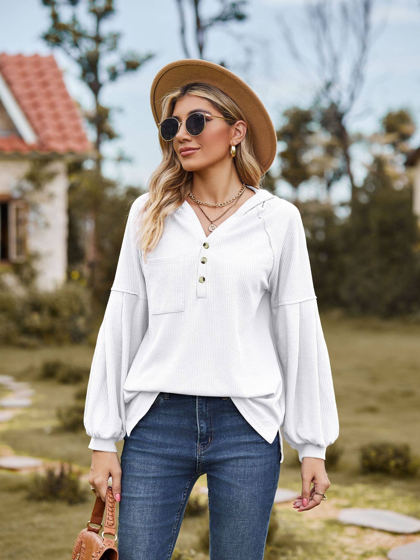 Waffle Hoodie With Hooded Buttons And Long Sleeve