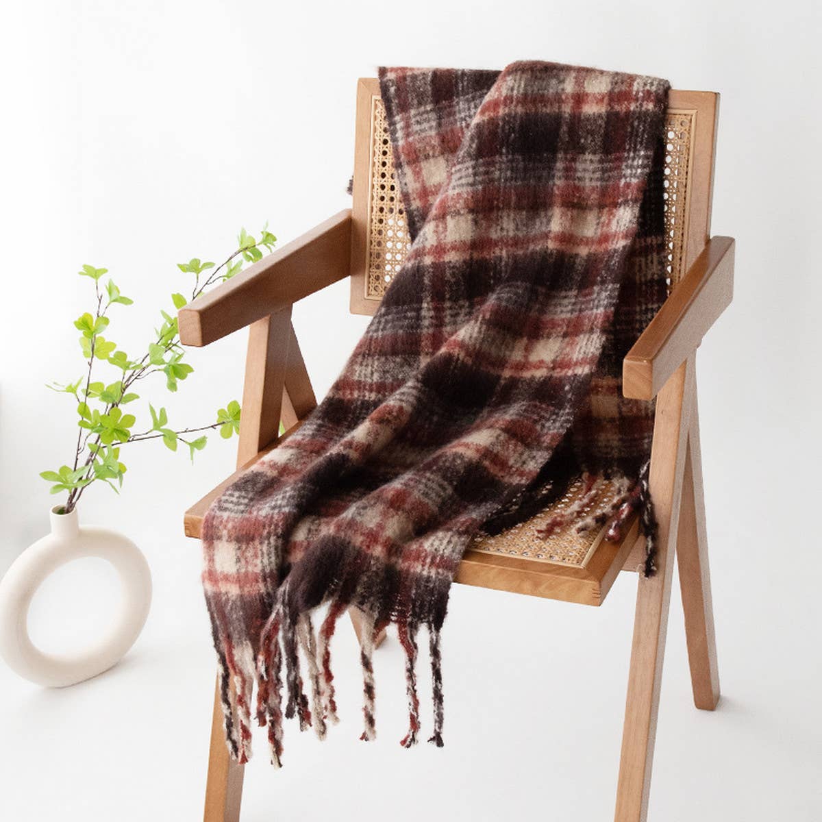 FUZZY PLAID SCARF SOFT TASSEL WRAP FOR WOMEN_CWASC1008